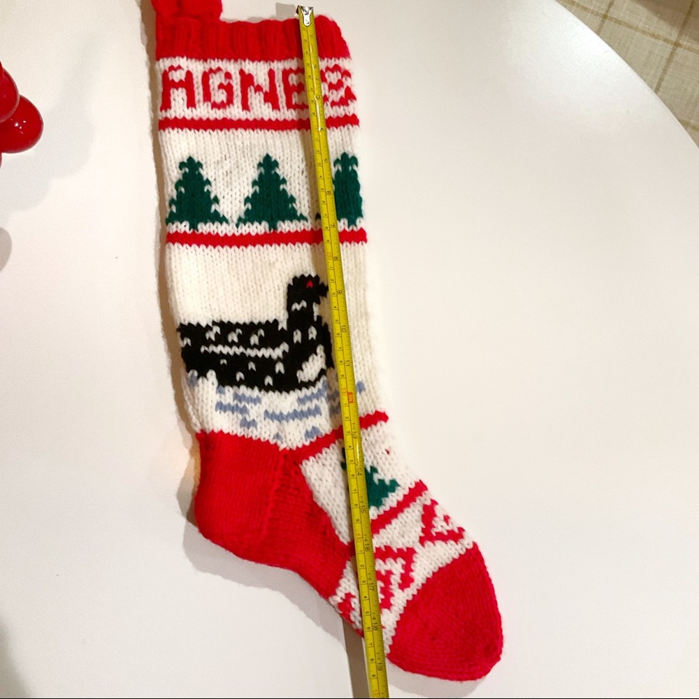VTG Knit Christmas Stocking, personalized “Agnes”, Loon & Pine Trees - Picture 3 of 4